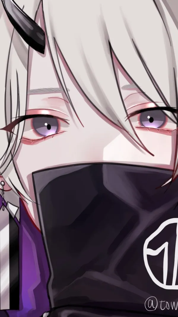 Close up of an anime-style character with white hair and purple eyes wearing a black