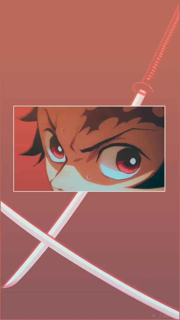 Close up of Tanjiro's eyes with two swords in front