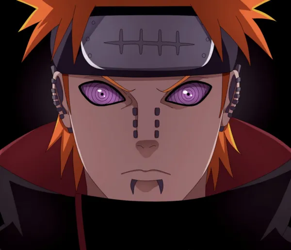 Close up of the face of an anime character with red hair and purple eyes