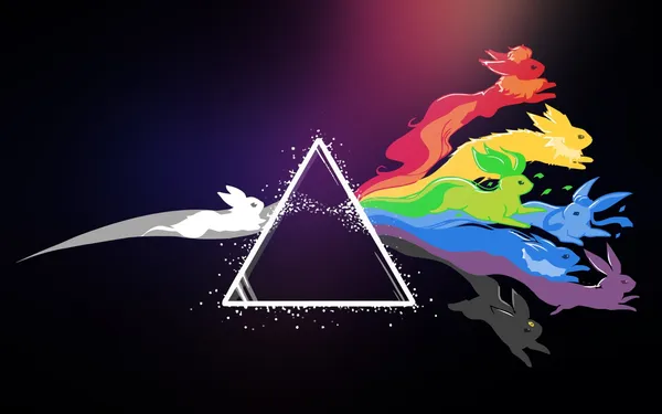 Colorful rabbits jumping in front of a prism
