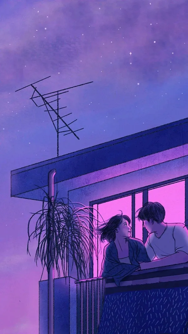 Couple is on a rooftop at night, looking at the stars