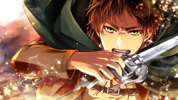 Crying anime boy with green eyes holding a sword