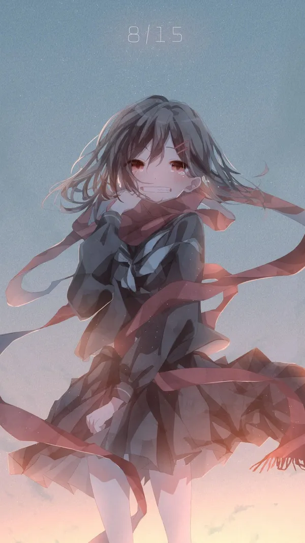 Crying anime girl with red scarf blowing in the wind