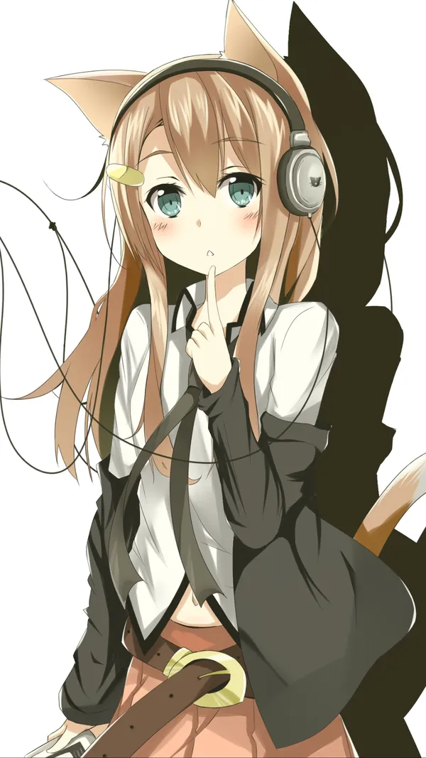 Cute anime girl with cat ears and headphones is shushing the viewer