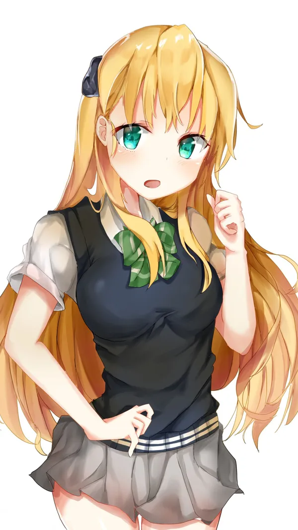 Cute anime girl with long blond hair and green eyes