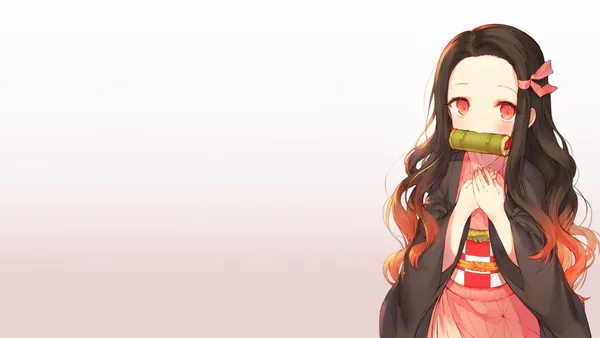 Cute anime girl with long brown hair and red eyes