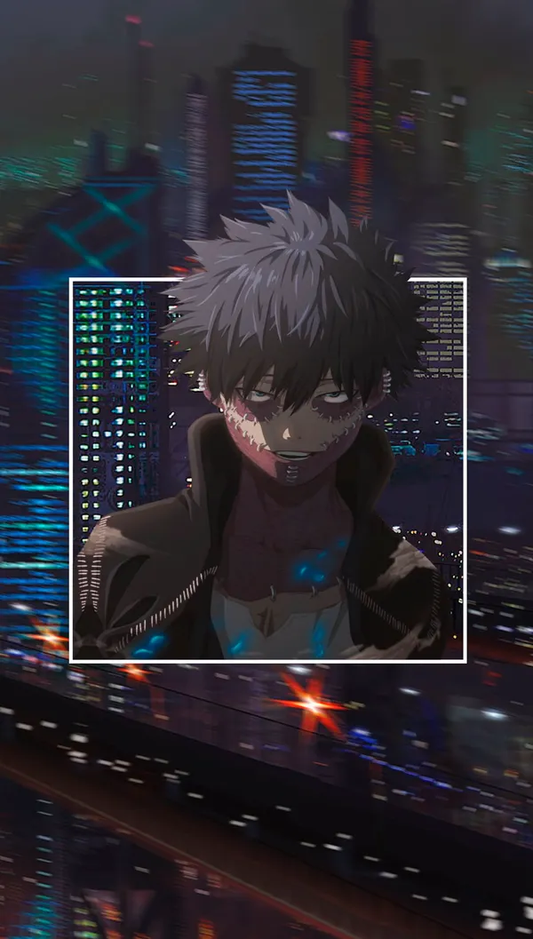 Dabi from My Hero Academia is in front of a city