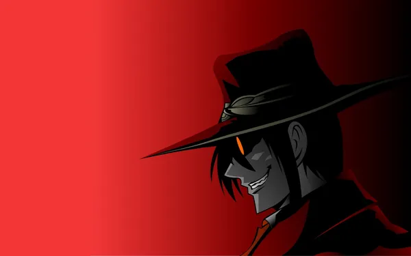 Dark figure with a hat and red eyes
