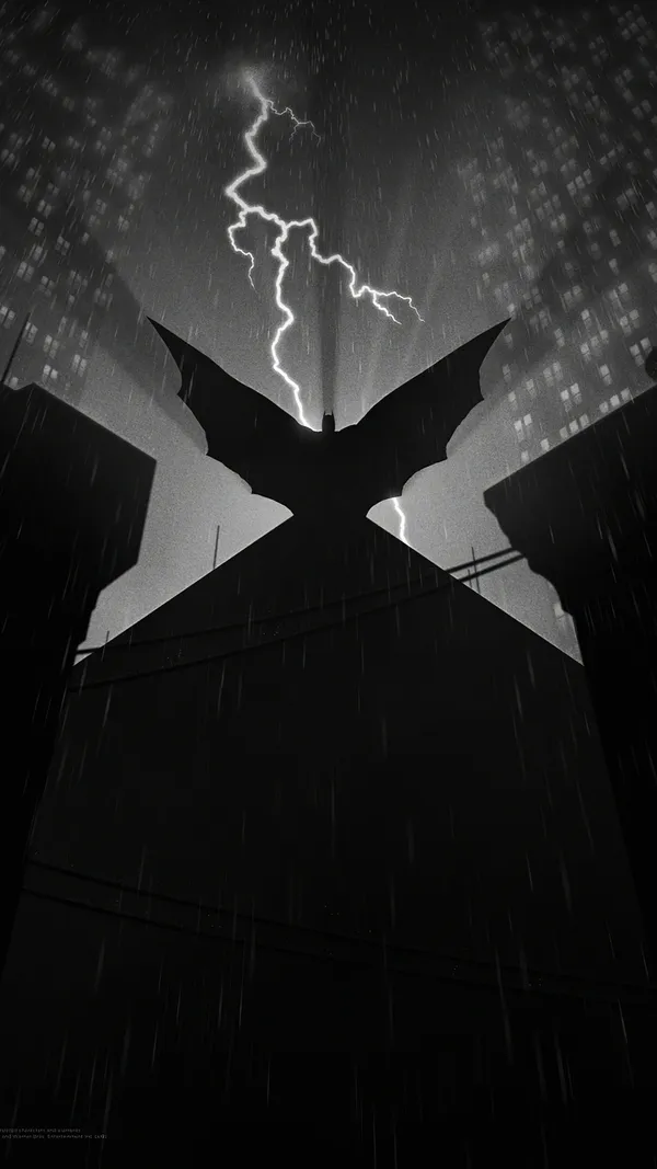 Dark figure with large wings stands on a rooftop during a storm