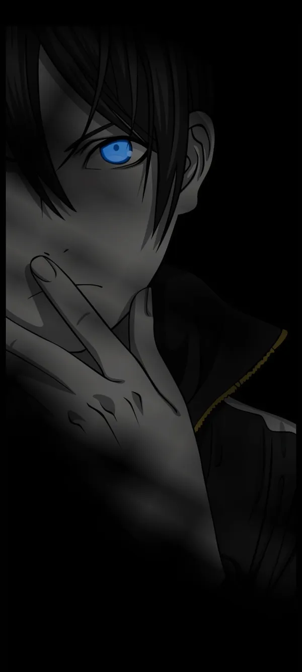 Dark-haired anime character with blue eyes is holding his hand to his face