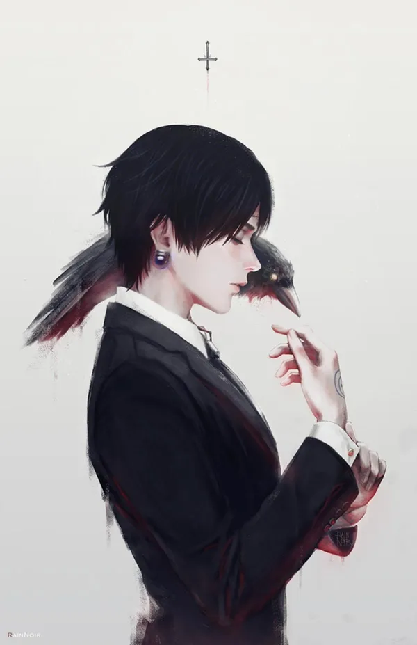 Dark-haired man with a bird on his shoulder and a cross behind his head