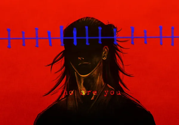 Dark-haired person with a red background and blue lines over their head