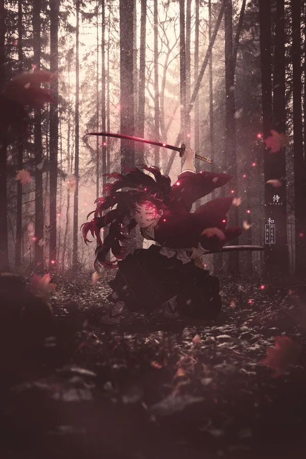 Demon girl with red hair and eyes holding a sword in a dark forest