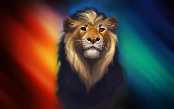 Digital painting of a lion's face with a rainbow background