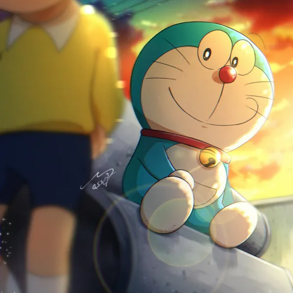 Doraemon is sitting on a pipe in the sunset