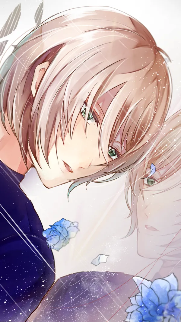 Drawing of a person with short blond hair and green eyes
