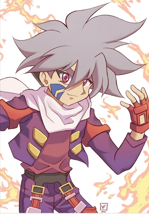 Drawing of a young boy with spiky hair and blue eyes
