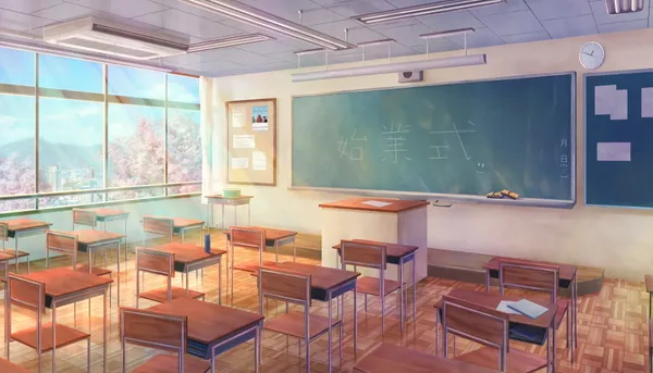 Empty classroom with a chalkboard, desks, and chairs