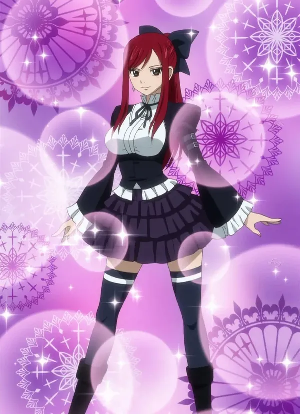 Erza Scarlet in a purple dress with a white camisole