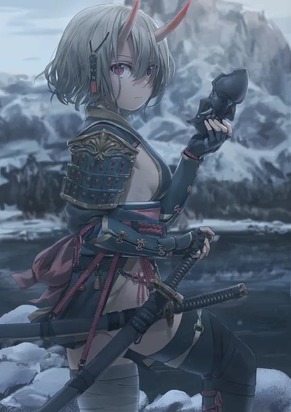 Female samurai with white hair and red eyes is holding a mask