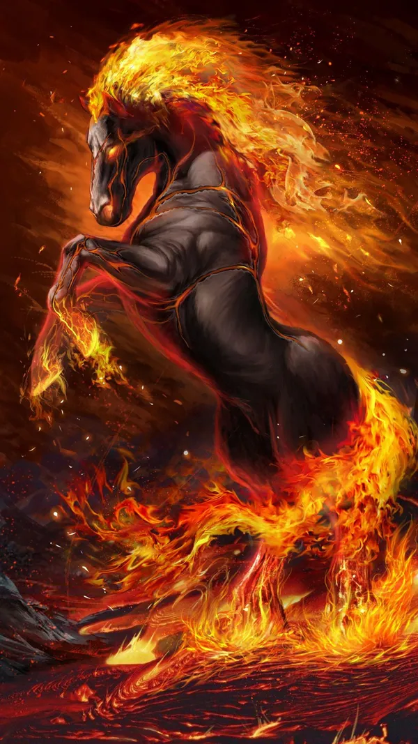 Fiery black horse is rising up on its hind legs