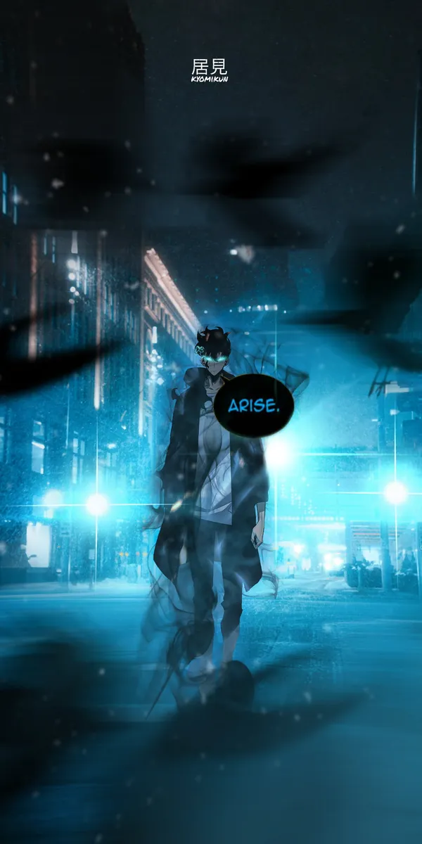 Figure with a black coat and blue aura walking down a dark street