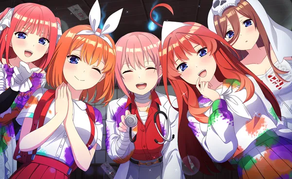 Five anime girls in colorful, paint-splattered outfits; one in a doctor's coat