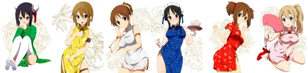 Five anime girls in various poses wearing qipaos