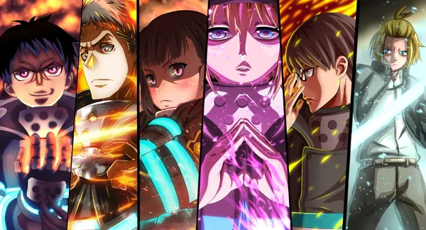 Five characters from the anime series Fire Force