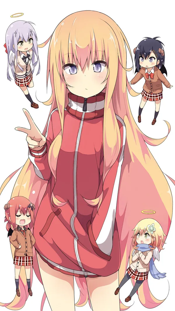 Five cute anime girls in casual clothes