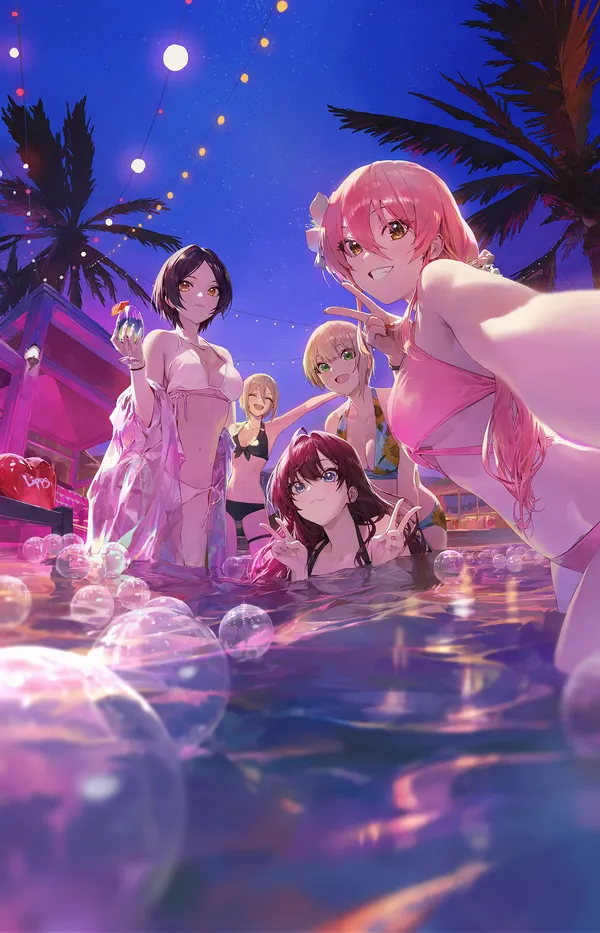 Five women in swimsuits are in a pool at night, and the one in the