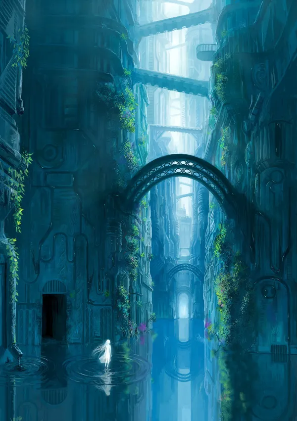 Flooded city with overgrown plants and a lone figure standing in the water