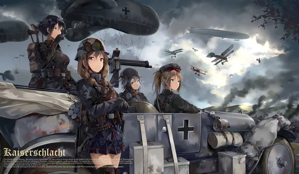 Four anime girls in military uniforms with a truck and a bunch of planes in