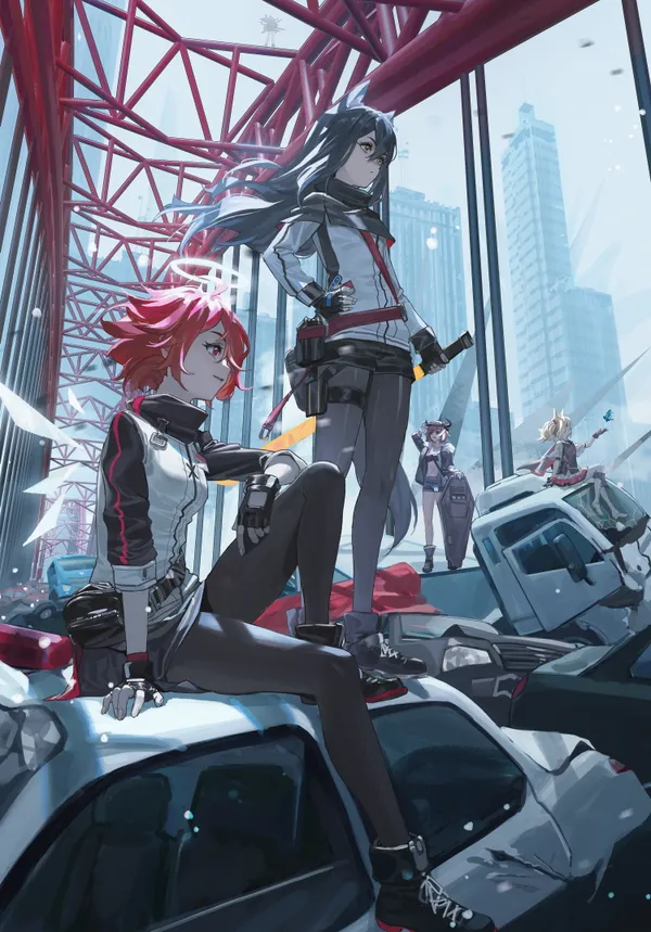 Four anime girls with weapons on a destroyed bridge
