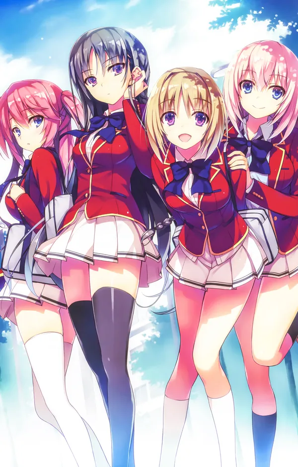 Four anime school girls in red blazers and white skirts
