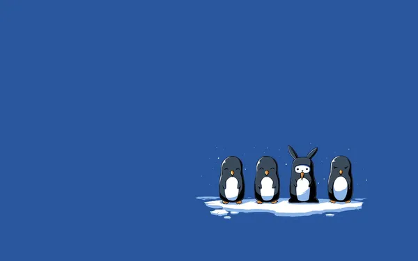 Four penguins on an ice floe, one wearing a bunny hat