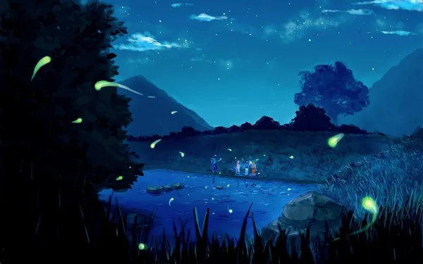 Four people are by a lake at night surrounded by螢火蟲