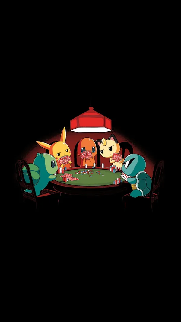Four Pokémon playing poker in a dark room