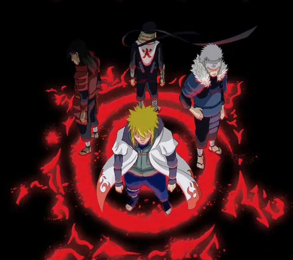 Four shinobi are standing in a circle of red flames