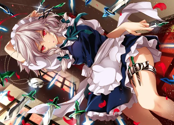 Frightened anime girl in a maid outfit is surrounded by sharp objects