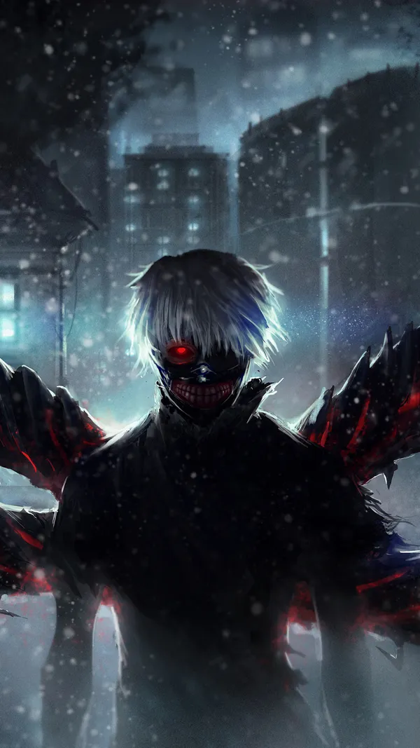 Ghoul with a mask and red eyes in a snowy city