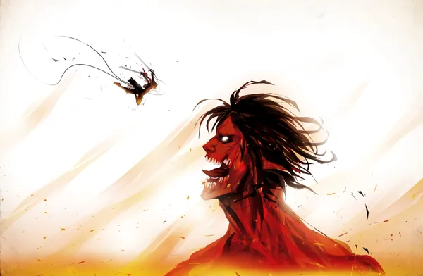 Giant red titan with long black hair and sharp teeth