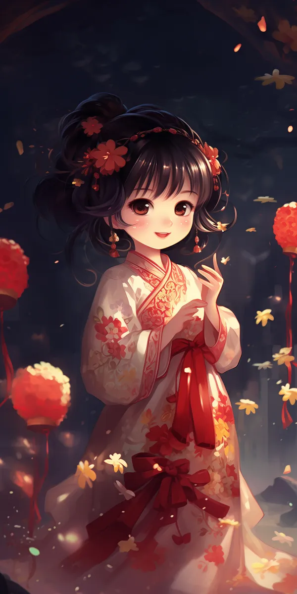 Girl, floral kimono, red bow, lanterns, flowers, dark background