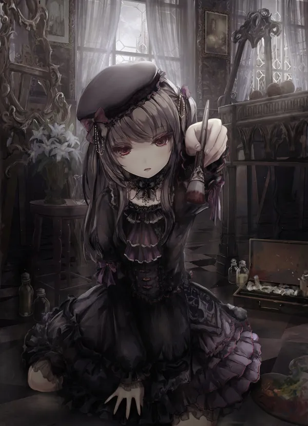 Girl in a black dress is painting in a dark room