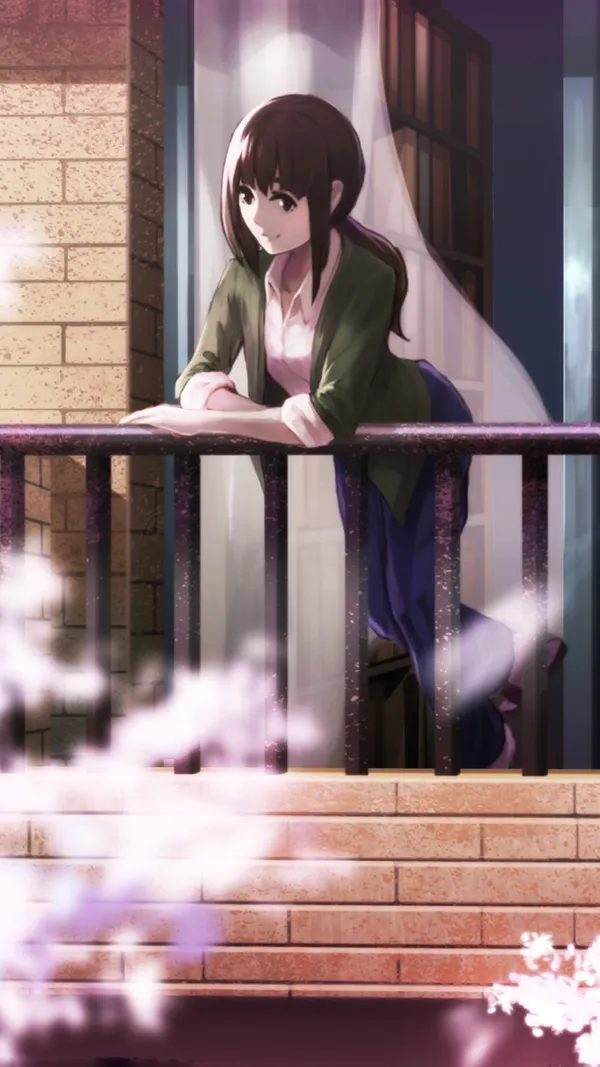 Girl in a green jacket is leaning on a railing outside an apartment
