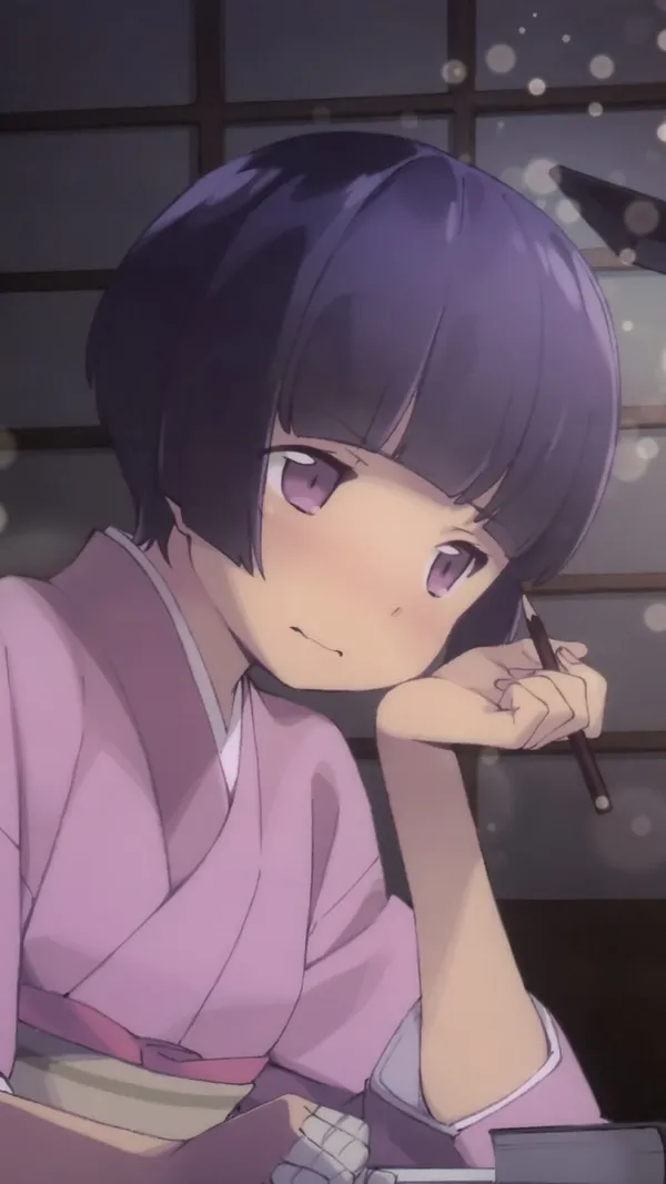 Girl in a kimono is drawing a picture