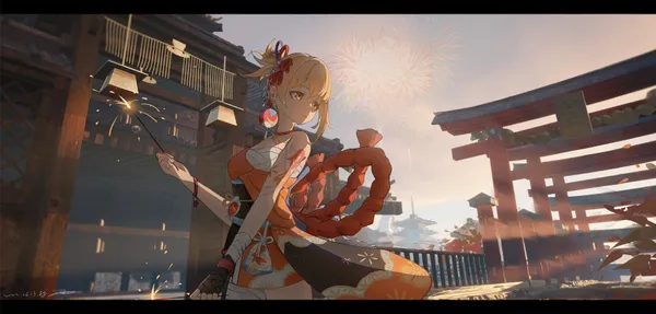 Girl in a kimono is holding a sparkler in a traditional Japanese setting