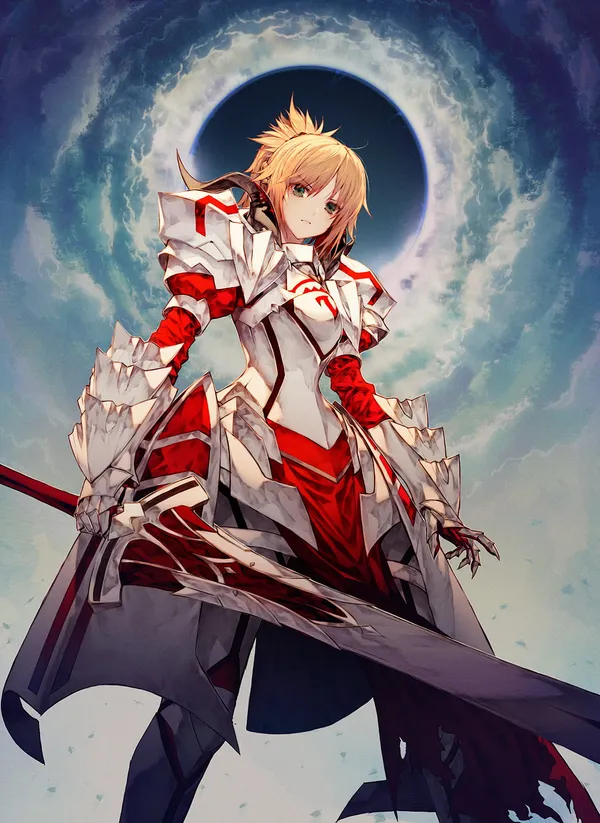 Girl in a red and white dress holding a large sword