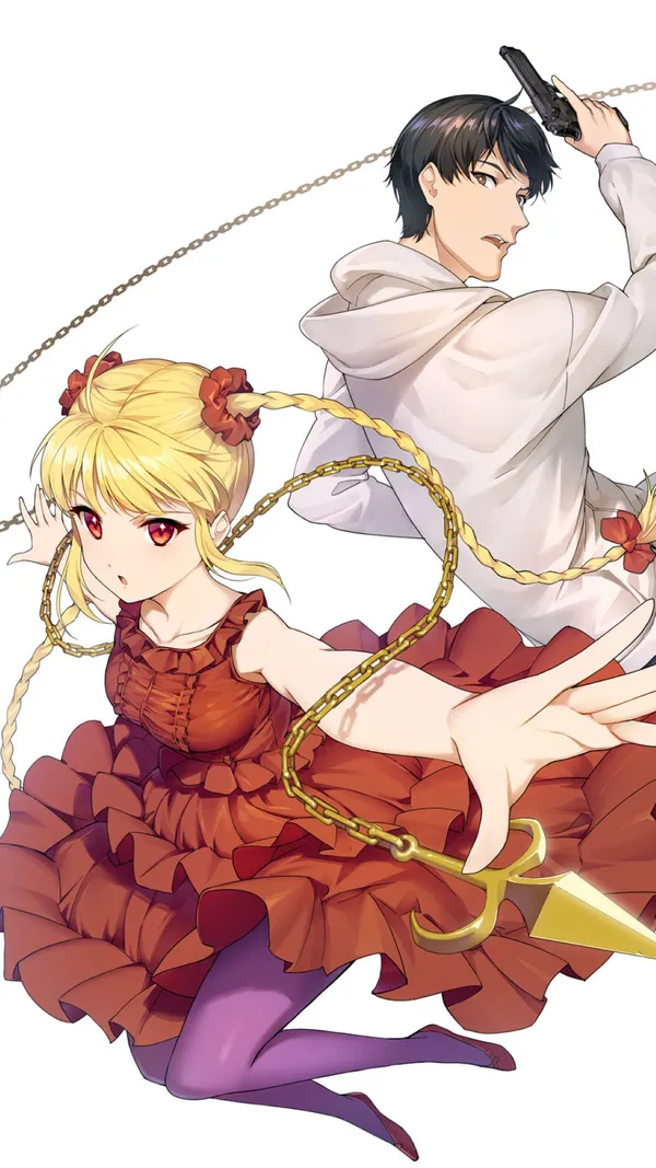 Girl in a red dress and a boy in a white hoodie are fighting