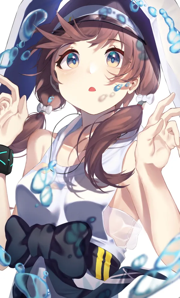 Girl in a white tank top with brown hair and blue eyes is surrounded by
